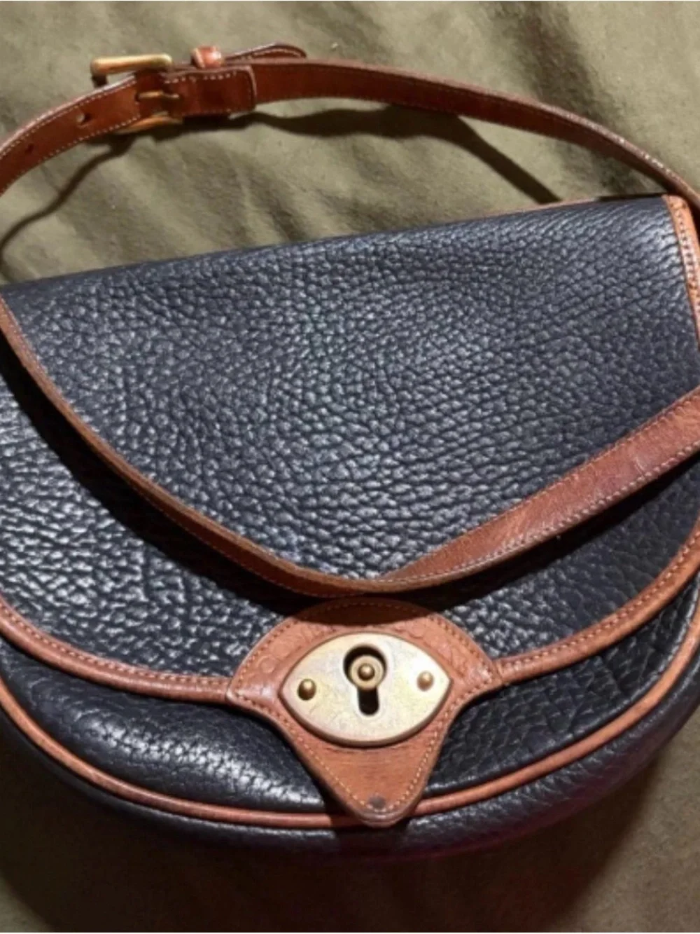 Dooney & Bourke Black Pebbled Leather Saddle Bag with Brown Trim